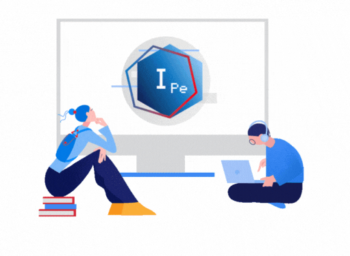Two students study in front of a large monitor displaying a blue shield emblem; one sits with books, the other uses a laptop wearing headphones.
