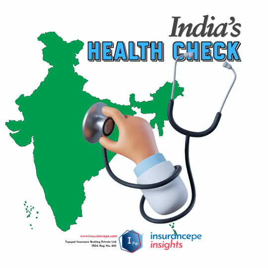 Green map of India with a doctor's hand placing a stethoscope on it, paired with the words "India's Health Check" and Insurance Insights logos.