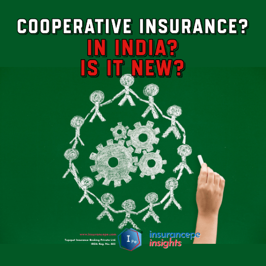 Chalk drawing on a green board of people standing in a circle around interlocking gears, with the headline 'Cooperative Insurance? In India? Is it new?' and a hand holding chalk to the right.